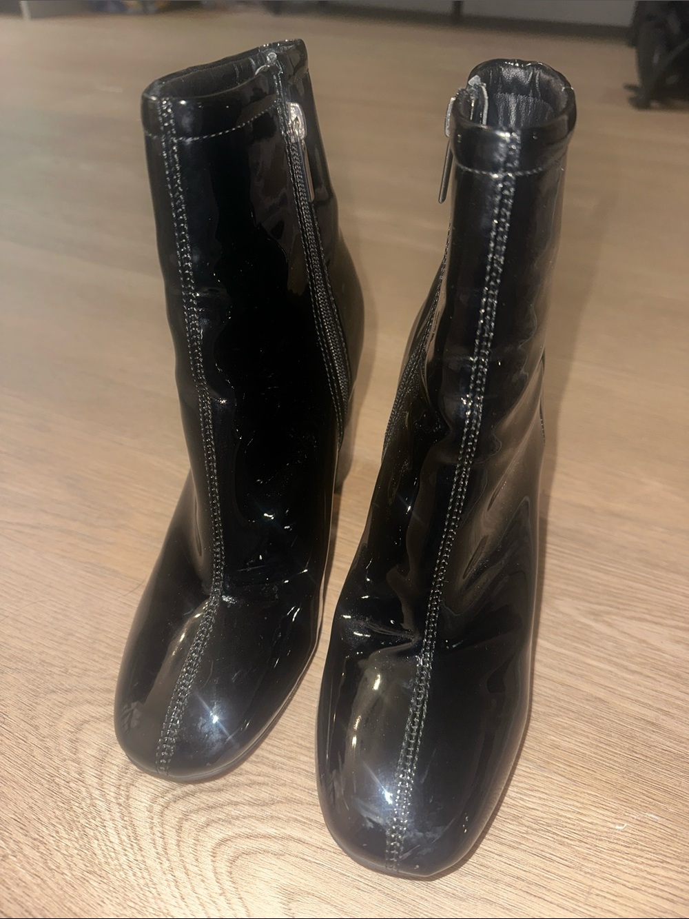 Urban Outfitters Black Patent Front-Zip Ankle Booties